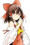  ascot azuma_aya bare_shoulders bow brown_hair detached_sleeves hair_between_eyes hair_bow hair_tubes hakurei_reimu hands_together looking_at_viewer red_bow red_eyes sidelocks simple_background smile solo touhou upper_body white_background wide_sleeves 