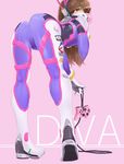  arched_back ass bangs bent_over bodysuit boots bracer breasts brown_eyes brown_hair bubble_blowing cameltoe character_name chewing_gum controller d.va_(overwatch) dualshock emblem eyebrows eyebrows_visible_through_hair facepaint facial_mark from_behind game_controller gamepad glo-s-s gloves hand_up headphones highres holding leaning_forward legs_apart logo long_hair long_sleeves looking_at_viewer looking_back overwatch pauldrons pilot_suit pink_background ribbed_bodysuit shoulder_pads simple_background skin_tight small_breasts solo thigh_boots thigh_strap thighhighs turtleneck whisker_markings white_footwear white_gloves 