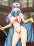  abu blue_hair blush breasts cape circlet cleavage covered_nipples cowboy_shot dragon_quest dragon_quest_iii elbow_gloves gloves holding_cape large_breasts light_smile long_hair looking_at_viewer open_mouth purple_eyes revealing_swimsuit_(dq) sage_(dq3) solo staff swimsuit 