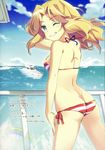  aqua_eyes ass bikini blonde_hair cloud day eyebrows eyebrows_visible_through_hair girls_und_panzer grin hand_in_hair highres kay_(girls_und_panzer) long_hair looking_at_viewer non-web_source ocean one_eye_closed outdoors saikawa_yusa ship side-tie_bikini smile solo striped striped_bikini swimsuit translation_request watercraft 