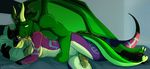  2016 anthro bed black_nose breasts claws cuddling dragon duo female fur green_eyes green_hair green_penis green_skin hair horn inside lying male membranous_wings on_bed penis purple_fur pussy smile tai_lung_(artist) wings 