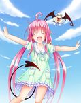  :d ^_^ ahoge blue_sky closed_eyes cloud day demon_tail demon_wings dress ffcreatyuuki frills hair_ornament highres lala_satalin_deviluke long_hair low_twintails necktie open_mouth outstretched_arms peke pink_hair short_sleeves sky smile tail to_love-ru to_love-ru_darkness twintails wings younger 