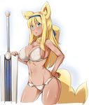  animal_ears bell bikini blonde_hair blue_eyes blush breasts collar covered_nipples dark_skin fox_ears fox_tail front-tie_bikini front-tie_top hairband hand_on_hip jingle_bell kouretsuken_mahiru large_breasts long_hair monchan_rev3 navel open_mouth planted_sword planted_weapon shinrabanshou solo sweat swimsuit sword tail weapon white_bikini 