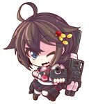  ;d ahoge black_serafuku black_skirt blue_eyes braid brown_hair chibi clenched_hand fang fingerless_gloves foreshortening gloves hair_flaps hair_ornament hair_over_shoulder hairclip kantai_collection machinery neckerchief one_eye_closed open_mouth pleated_skirt red_neckwear remodel_(kantai_collection) rikumaru school_uniform serafuku shigure_(kantai_collection) simple_background single_braid skirt smile solo turret white_background 
