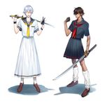  black_gloves brown_hair crossdressing gloves katana kneehighs male_focus molly money_gesture multiple_boys one_eye_closed ookurikara open_mouth partly_fingerless_gloves school_uniform serafuku smile sword tattoo touken_ranbu tsurumaru_kuninaga weapon white_hair white_legwear yellow_eyes 