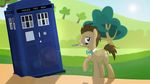  2016 blue_eyes bow_tie brown_fur brown_hair crossover cutie_mark doctor_who doctor_whooves_(mlp) earth_pony equine feral friendship_is_magic fur grass hair horse landscape lens_flare looking_at_viewer male mammal my_little_pony nature outside pony shutterflyeqd sky solo sun tardis tree 