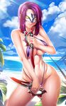  bangs bare_shoulders beach blue_sky body_blush breasts cloud collarbone contrapposto cowboy_shot dagger day dual_wielding groin highres holding holding_weapon horizon kagami_hirotaka large_breasts light_rays lips lipstick long_hair makeup mask navel oboro_(taimanin_asagi) ocean outdoors parted_lips pink_lips plant purple_hair purple_swimsuit short_hair sky slingshot_swimsuit solo standing stomach summer sunbeam sunlight sweat swimsuit taimanin_(series) taimanin_asagi underboob water weapon 
