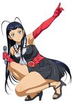  black_dress black_hair blue_eyes breasts cleavage dress elbow_gloves gloves holding holding_microphone ikkitousen kakouen_myousai large_breasts long_hair looking_at_viewer magatama microphone red_gloves simple_background solo strapless strapless_dress white_background 