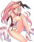  amputee animal_ears baiken blush breasts bunny_ears eyepatch guilty_gear guilty_gear_xrd japanese_clothes kimono knee_up large_breasts long_hair looking_at_viewer oro_(sumakaita) panties pink_hair ponytail red_eyes solo thighs underwear white_background white_panties 