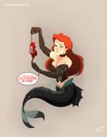  2016 ariel biting_lip breasts cleavage clothed clothing collar corset disney english_text female fish_tail freckles gag gagged hair invalid_tag lingerie long_hair marine merfolk monster_girl red_hair restrained rubber sebastian simple_background sinner! speech_bubble text the_little_mermaid 