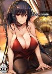  1girl azur_lane bangs bare_shoulders black_hair breasts choker cleavage cocktail_dress collarbone commentary_request cover cover_page curtains doujin_cover doujinshi dress hair_between_eyes hair_ornament large_breasts lolicept long_hair looking_at_viewer phonograph red_choker red_dress red_eyes sitting smile taihou_(azur_lane) thighhighs very_long_hair window 