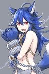  &gt;:( ahoge animal_ear_fluff animal_ears bangs bare_shoulders blue_hair bound bound_wrists chain choker fangs fenrir_(shingeki_no_bahamut) flat_chest frown granblue_fantasy grey_background groin hair_between_eyes highres jewelry long_hair navel necklace nosuku open_mouth paws red_eyes shingeki_no_bahamut simple_background solo tail teeth tsurime v-shaped_eyebrows wolf_ears wolf_paws wolf_tail 