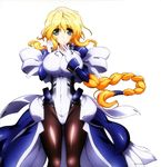  artist_request blonde_hair blue_eyes blush bodysuit breasts gloves highres juliet_sleeves kyoukaisenjou_no_horizon large_breasts legs leotard long_hair long_sleeves looking_at_viewer mary_stuart official_art pantyhose puffy_sleeves scar simple_background solo white_gloves 