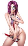  bangs bare_arms bare_shoulders blush body_blush breasts collarbone contrapposto cowboy_shot dagger dual_wielding groin highres holding holding_weapon kagami_hirotaka large_breasts lips lipstick long_hair looking_at_viewer makeup mask navel oboro_(taimanin_asagi) pink_lips purple_hair purple_swimsuit shiny shiny_skin short_hair simple_background slingshot_swimsuit solo standing stomach sweat swimsuit taimanin_(series) taimanin_asagi underboob weapon white_background 