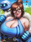  adapted_costume bandaid bandaid_on_arm black-framed_eyewear blue_gloves breasts brown_hair cleavage criss-cross_halter freckles fur_coat fur_collar fur_trim glasses gloves hair_bun hair_ornament hair_stick halter_top halterneck hot huge_breasts lips lipstick looking_at_viewer makeup mei_(overwatch) overwatch robot snowball_(overwatch) soffa solo sweat undressing upper_body 