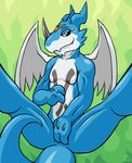  aliasing anthro bedroom_eyes conditional_dnp covering covering_crotch digimon dragon exveemon front_view grumpyvulpix half-closed_eyes hi_res legs_up pinup pose seductive signature spread_legs spreading 