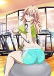  ass ball blue_eyes blue_shorts exercise_ball grey_eyes gym ikkitousen ikkitousen_eloquent_fist long_hair mirror pantylines shibai_chuutatsu shirt shorts sitting solo tattoo treadmill yellow_shirt 