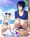  1girl :d animal arms_up bad_id bad_twitter_id beach black_hair blue_shirt blush boar chaldea_lifesavers fate/apocrypha fate/grand_order fate/prototype fate/prototype:_fragments_of_blue_and_silver fate_(series) fou_(fate/grand_order) green_eyes jack_the_ripper_(fate/apocrypha) one-piece_swimsuit open_mouth paracelsus_(fate) shaved_ice shijiu_(adamhutt) shirt short_hair short_sleeves shorts smile squatting striped striped_swimsuit sunglasses swimsuit t-shirt tied_hair white_hair yellow_eyes 