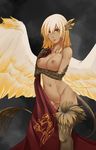  areolae banner blonde_hair braid breast_hold breasts claws cleft_of_venus closed_mouth collarbone commentary dark_areolae dark_background dark_nipples dark_skin english_commentary expressionless feathered_wings feathers gold_trim griffon_(monster_girl_encyclopedia) groin hair_between_eyes hair_feathers hair_over_eyes highres holding large_breasts less lips looking_at_viewer md5_mismatch monster_girl monster_girl_encyclopedia navel nipples nude pussy short_hair side_braid solo spread_wings standing stomach tail twin_braids uncensored whisker_markings wings yellow_eyes yellow_wings 