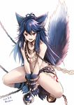  &gt;:( 2016 animal_ears antenna_hair bangs bare_shoulders blue_hair bound bound_wrists chain choker claws dated fangs fenrir_(shingeki_no_bahamut) flat_chest frown granblue_fantasy hair_between_eyes jewelry long_hair nabeshima_tetsuhiro navel necklace open_mouth paws pink_eyes shingeki_no_bahamut simple_background solo squatting tail tail_raised tattoo teeth tsurime twitter_username v-shaped_eyebrows white_background wolf_ears wolf_paws wolf_tail 