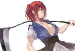  aimai-me breasts cleavage closed_mouth coin collarbone dutch_angle expressionless hair_bobbles hair_ornament large_breasts looking_at_viewer no_bra obi onozuka_komachi over_shoulder puffy_short_sleeves puffy_sleeves red_eyes red_hair sash scythe short_hair short_sleeves solo touhou two_side_up upper_body vest weapon weapon_over_shoulder white_background 
