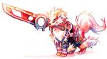  2016 ambiguous_gender arcanine black_nose blue_eyes canine chest_tuft clothed clothing digital_media_(artwork) feral fluffy fur jewelry ladykuki mammal monado necklace nintendo orange_fur pok&eacute;mon raised_tail shadow shulk simple_background snout solo tuft video_games weapon white_background white_fur xenoblade_chronicles 