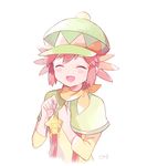  blush cabbie_hat character_doll closed_eyes gen_3_pokemon happy_tears hat jirachi keychain legendary_pokemon manon_(pokemon) mei_(maysroom) open_mouth pokemon pokemon_(anime) pokemon_(creature) pokemon_xy_(anime) raglan_sleeves red_hair short_hair signature solo tears 