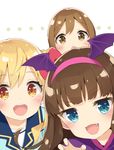  :d :o aikatsu!_(series) aikatsu_stars! blonde_hair blue_eyes blush brown_eyes brown_hair claw_pose crossover fake_wings fang hairband head_wings kunikida_hanamaru kurosu_aroma long_hair looking_at_viewer love_live! love_live!_sunshine!! multiple_crossover multiple_girls nijino_yume open_mouth peko pretty_(series) pripara school_uniform smile twintails v-shaped_eyebrows wings yotsuboshi_academy_uniform 