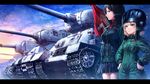  black_hair blonde_hair blue_eyes commentary_request emblem girls_und_panzer green_jacket ground_vehicle helmet is-2 jacket katyusha kv-2 lain long_hair long_sleeves military military_uniform military_vehicle miniskirt motor_vehicle multiple_girls nonna pleated_skirt pravda_(emblem) pravda_military_uniform red_shirt shirt short_hair skirt t-34 tank turtleneck uniform 