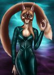  2015 5_fingers anthro breasts brown_hair cat clothed clothing ear_piercing etskuni eyelashes feline female green_eyes hair invalid_tag looking_at_viewer mammal piercing purple_nose solo standing wide_hips 