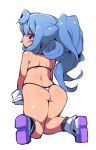  1boy ass bare_arms bare_legs bare_shoulders bikini blue_eyes blue_hair child eyebrows_visible_through_hair from_behind fukurou_(owl222) full_body hacka_doll hacka_doll_3 kneeling long_hair looking_at_viewer navel ponytail profile shiny shiny_hair shiny_skin shoe_soles shoes simple_background solo sweat swimsuit trap white_background white_bikini 