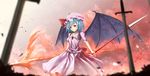  :o bat_wings blue_hair blurry brooch commentary_request cowboy_shot depth_of_field dual_wielding hat hat_ribbon highres holding jewelry looking_at_viewer mob_cap pink_shirt pink_skirt planted_sword planted_weapon polearm puffy_short_sleeves puffy_sleeves red_eyes red_ribbon remilia_scarlet ribbon shirt short_hair short_sleeves sinkai skirt skirt_set solo spear spear_the_gungnir sword touhou weapon wings 