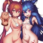  :d animal_ears asymmetrical_docking bangs bare_shoulders big_hair bikini bikini_top blue_hair blush bottomless breast_press breasts cerberus_(shingeki_no_bahamut) cleavage cleft_of_venus collar collarbone cowboy_shot dakunesu dog_ears fang fang_out fenrir_(shingeki_no_bahamut) granblue_fantasy hair_between_eyes hand_puppet highres jewelry large_breasts leg_tattoo long_hair looking_at_viewer micro_bikini multiple_girls navel necklace open_mouth paw_pose paws pink_eyes puppet red_eyes red_hair shingeki_no_bahamut shingeki_no_bahamut:_genesis sideboob simple_background small_breasts smile strap_gap swimsuit tail tattoo twintails v-shaped_eyebrows very_long_hair white_background white_bikini wolf_ears wolf_tail yellow_eyes 
