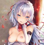  :q blue_eyes breasts detached_collar elbow_gloves gloves hair_ribbon hand_on_own_face highres indoors long_hair looking_at_viewer maid_headdress medium_breasts michiking nipples original petals ribbon seductive_smile silver_hair smile solo sweat tongue tongue_out top_pull upper_body 