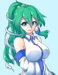  blue_eyes breast_hold breasts detached_sleeves frog_hair_ornament green_hair hair_ornament hair_tubes highres kochiya_sanae large_breasts long_hair nintoku open_mouth ponytail smile snake_hair_ornament solo touhou wide_sleeves 