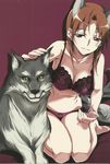  absurdres animal animal_ears bra breasts cleavage highres kurashima_tomoyasu medium_breasts minna-dietlinde_wilcke panties red_background red_eyes red_hair scan short_hair simple_background strike_witches tail underwear wolf wolf_ears wolf_tail world_witches_series 
