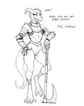  2018 anthro armor bottomless clothed clothing dialogue english_text female guoh horn kobold melee_weapon partially_clothed pussy scalie simple_background solo text tongue weapon 