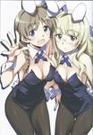  absurdres animal_ears blonde_hair blue_eyes blush braid breasts bunny_ears bunny_girl bunnysuit cleavage glasses highres kurashima_tomoyasu light_brown_hair long_hair lynette_bishop medium_breasts multiple_girls open_mouth pantyhose perrine_h_clostermann scan simple_background small_breasts strike_witches tail white_background world_witches_series wrist_cuffs yellow_eyes 
