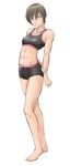  abs barefoot brown_hair grey_eyes highres midriff mizuguchi_naoki muscle muscular_female official_art saotome_senshu_hita_kakusu saotome_yae short_hair shorts solo sports_bra 