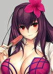 blush breasts cleavage closed_mouth collarbone commentary fate/grand_order fate_(series) flower food hair_flower hair_ornament highres large_breasts long_hair looking_at_viewer open_clothes open_shirt popsicle purple_hair red_eyes scathach_(fate)_(all) scathach_(swimsuit_assassin)_(fate) shirt sidelocks smile solo tony_guisado upper_body white_shirt 