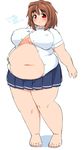  barefoot belly blush breasts brown_hair eno_konoe fat large_breasts mikomu pleated_skirt red_eyes 