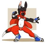 anthro built_tiger bulge cape clothing cub disguise fighting_stance geometric_background grin kangaroo male mammal marsupial solo thong tonio tonio_(artist) young 