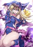  :d absurdres bad_id bad_pixiv_id bare_shoulders blonde_hair blue_eyes blue_footwear blue_gloves blurry boots breasts choker commentary dark_magician_girl depth_of_field duel_monster fingerless_gloves gloves hat highres holding holding_staff large_breasts long_hair looking_at_viewer magical_hats maruchi open_mouth pentacle smile solo staff thighs v-shaped_eyebrows wizard_hat yuu-gi-ou yuu-gi-ou_duel_monsters 