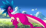  2019 cloud cresty crestysaurus dinosaur eyelashes feathered_dinosaur feathers grass hill reptile scalie theropod white_crest 