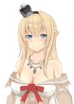  bare_shoulders blonde_hair blue_eyes braid brain breasts cleavage collarbone crown dress flower french_braid hairband jewelry kantai_collection large_breasts long_hair long_sleeves looking_at_viewer mini_crown necklace off_shoulder red_flower red_ribbon red_rose ribbon rose rure simple_background smile solo warspite_(kantai_collection) white_background white_dress 