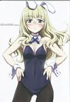  absurdres animal_ears ass blonde_hair blush breasts bunny_ears bunny_girl bunnysuit cleavage glasses highres kurashima_tomoyasu long_hair pantyhose perrine_h_clostermann scan simple_background small_breasts solo strike_witches white_background world_witches_series wrist_cuffs yellow_eyes 