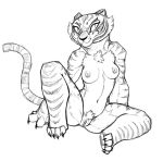  2018 anthro breasts chest_tuft facial_markings felid female fur guoh happy kung_fu_panda mammal markings master_tigress nipples nude pantherine pubes pussy simple_background sitting smile solo striped_fur stripes tiger tuft 