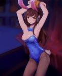  animal_ears armpits arms_up bangs bare_shoulders blue_bow blue_leotard blue_neckwear bow bowtie breasts brown_eyes brown_hair bunny_ears bunny_girl bunny_tail bunnysuit cleavage clover_(yoziha) contrapposto covered_navel cowboy_shot d.va_(overwatch) detached_collar facepaint facial_mark fake_animal_ears groin high_collar highleg highleg_leotard leotard lips lipstick long_hair looking_at_viewer makeup medium_breasts nipple_slip nipples one_breast_out overwatch pantyhose parted_lips pink_lips pink_lipstick restrained sleeveless solo standing strapless strapless_leotard tail thighs whisker_markings 