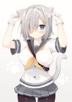  animal_ears arms_up between_breasts black_legwear blue_eyes blush breasts buttons cat_ears cat_tail collarbone gloves gradient gradient_background grey_skirt hair_ornament hair_over_one_eye hairclip hamakaze_(kantai_collection) highres kantai_collection kemonomimi_mode large_breasts looking_at_viewer miko_92 miniskirt pantyhose paw_print pleated_skirt school_uniform serafuku short_hair short_sleeves silver_hair skirt solo tail touching_ears white_gloves 
