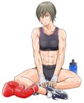  abs bike_shorts boxing_gloves brown_hair midriff mizuguchi_naoki muscle muscular_female official_art saotome_senshu_hita_kakusu saotome_yae short_hair shorts solo sports_bra sweat 